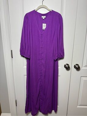 J.Jill Gem Purple Linen Blend Button Front Maxi Dress Size Large Tall NWT
